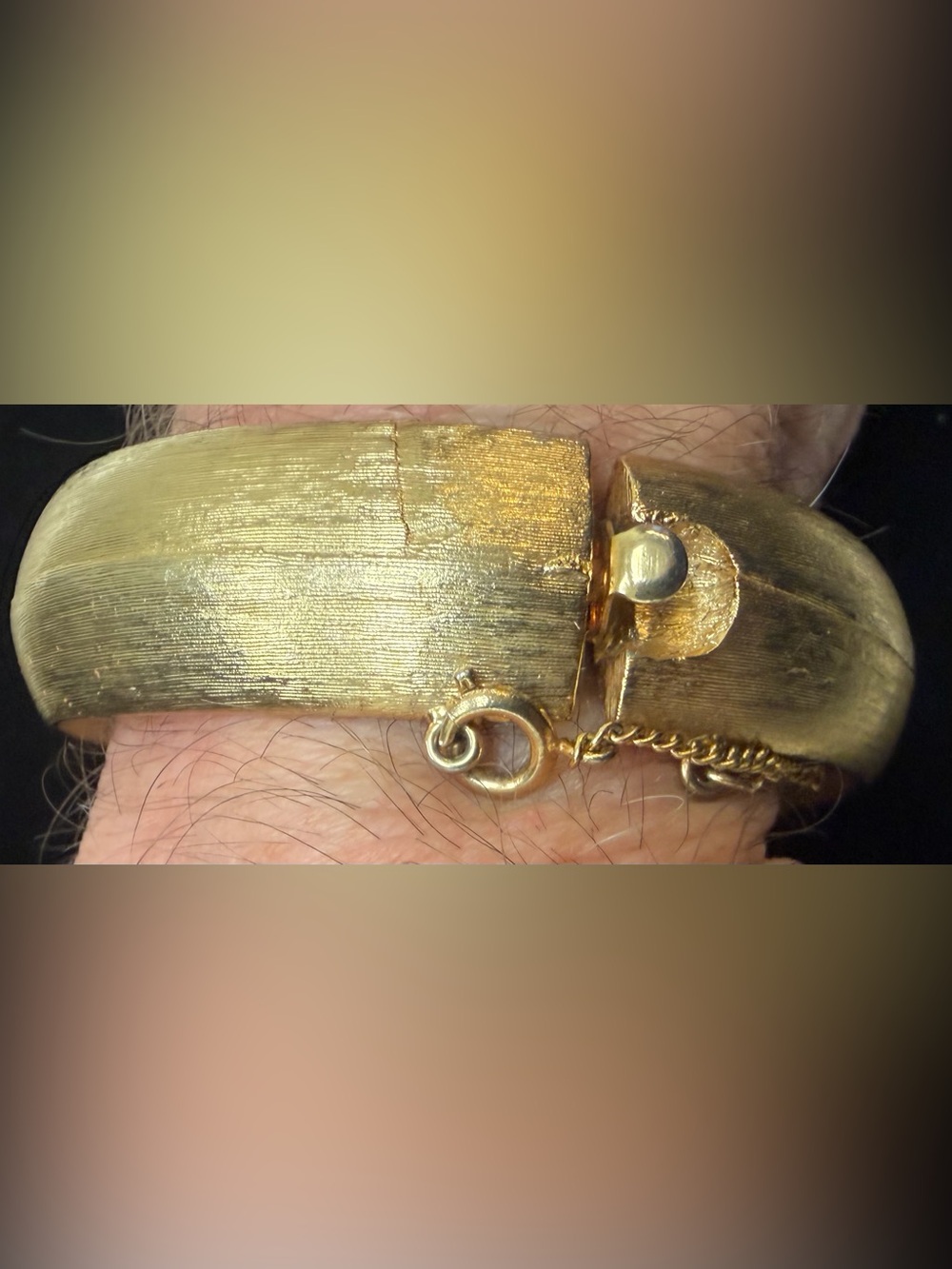 Vintage Brushed Gold Satin Hinge Bangle Bracelet with Safety Chain Classic